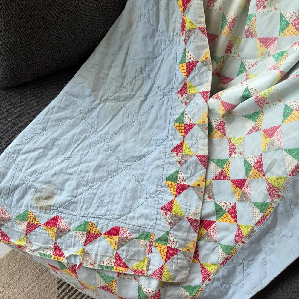 Vintage Handmade Patchwork Baby Quilt Blue Red Yellow Triangle Antique 53x41